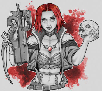 1girl bags_under_eyes belt_buckle blade blood bloodrayne bloodrayne_(videogame) breasts buckle bullpup cleavage commentary commission dhampir effy_neprin english_commentary gun hair_ornament half-human holding holding_gun holding_weapon jewelry looking_at_viewer medium_breasts navel necklace p90 personal_defense_weapon red_hair short_hair signature skull solo strap submachine_gun undead upper_body vampire weapon