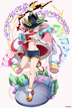 Rule 34 | 1girl, absurdres, aosora2823, bandeau, breasts, cleavage, hat, headphones, highres, holding, holding sword, holding weapon, jacket, large breasts, long hair, multicolored hair, musical note, navel, one piece, pink hair, pirate hat, purple eyes, red hair, shorts, smile, solo, standing, sword, thong, twintails, two-tone hair, uta (one piece), weapon
