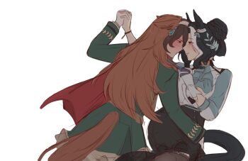 Rule 34 | 2girls, animal ears, aqua ascot, ascot, black hair, black skirt, blue ascot, blue shirt, blush, braid, braided bun, breasts, brown hair, cape, closed mouth, earrings, gloves, green jacket, green skirt, hair between eyes, hair bun, highres, holding hands, horse ears, horse girl, horse tail, jacket, jewelry, long hair, long sleeves, looking at another, mejiro ramonu (onyx line) (umamusume), mejiro ramonu (umamusume), multicolored hair, multiple girls, purple eyes, red cape, shirt, side cape, simple background, single earring, single glove, skaj, skirt, smile, streaked hair, symboli rudolf (emperor's path) (umamusume), symboli rudolf (umamusume), tail, umamusume, white background, white gloves, white hair, yuri