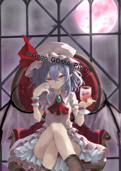 Rule 34 | 1girl, absurdres, alcohol, ambiguous red liquid, ascot, black panties, black socks, blue gem, breasts, brooch, collared shirt, commentary request, crossed legs, cup, frilled cuffs, frilled hat, frilled sleeves, frills, full moon, gem, go go gomapiyo, hair between eyes, hands up, hat, hat ribbon, highres, holding, holding cup, jewelry, layered skirt, medium hair, mob cap, moon, panties, parted lips, pink eyes, pink shirt, pink skirt, puffy short sleeves, puffy sleeves, purple hair, red ascot, red eyes, red ribbon, remilia scarlet, ribbon, shirt, short sleeves, sitting, sitting on throne, skirt, small breasts, smile, socks, solo, touhou, underwear, white hat, window, wine, wrist cuffs