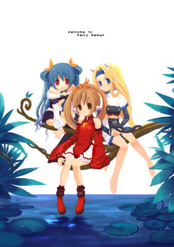 3girls animal animal_ears arc_system_works archived_source bare_legs bare_shoulders barefoot black_gloves black_thighhighs blonde_hair blue_eyes blue_hairband branch brown_hair brown_ribbon china_dress chinese_clothes closed_mouth collared_dress commentary commentary_request detached_sleeves dizzy_(guilty_gear) dress elbow_gloves english_commentary extra_ears fingerless_gloves full_body gloves guilty_gear guilty_gear_xx hair_intakes hair_rings hair_tubes hairband half_updo high_collar holding holding_animal impossible_hair juliet_sleeves korean_commentary kuradoberi_jam leaf lily_pad long_hair long_sleeves looking_at_viewer mandarin_collar milktea_(aoiexk) millia_rage miniskirt multiple_girls open_mouth petticoat photoshop_(medium) pond puffy_sleeves red_eyes red_shoes red_sleeves ribbon shoe_buckle shoes short_dress single_hair_ring single_hair_tube single_sleeve_past_wrist sitting_on_branch skirt sleeve_ribbon smile solid_eyes straight_hair thighhighs very_long_hair water wavy_ends white_dress white_eyes white_skirt white_sleeves wide_sleeves yellow_ribbon