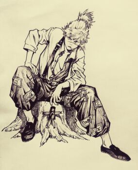 Rule 34 | 1girl, breasts, cigarette, collared shirt, commentary, fujiwara no mokou, highres, looking at viewer, medium breasts, open clothes, open shirt, pants, ponytail, scar, scar on face, sendai (nazonomono), shirt, sitting, on tree stump, solo, straw doll, suspenders, touhou, traditional media