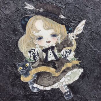 Rule 34 | 1girl, acrylic paint (medium), arrow (projectile), black background, black cat, black dress, blonde hair, blue eyes, blunt bangs, blush, bow, cat, chibi, darkness, dress, feathers, flower, frilled dress, frills, full body, happy, hat, highres, holding, holding feather, karintoun, long hair, long sleeves, looking at viewer, open mouth, original, painting (medium), ribbon, rose, smile, solo, standing, straight-on, striped clothes, striped sleeves, striped thighhighs, stuffed animal, stuffed toy, thighhighs, traditional media, victorian, watercolor (medium), wavy hair, yellow bow