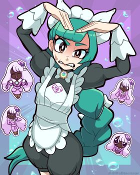 2girls absurdres apron ascot billdadinosaur black_romper bow bowtie braid braided_ponytail chibi closed_eyes closed_mouth dark-skinned_female dark_skin dress fascinator fishnet_pantyhose fishnets frilled_ascot frills gloves green_hair hair_bow hair_ornament heart_arms highres jacinthe_(pokemon) juliet_sleeves lebanne_(pokemon) long_braid long_hair long_sleeves looking_at_viewer low_drills maid maid_apron maid_headdress mega_stone multiple_girls nintendo open_mouth pantyhose pokemon pokemon_legends:_z-a puffy_sleeves purple_dress purple_eyes purple_hair romper smile sweatdrop teeth very_dark_skin white_bow white_bowtie white_gloves