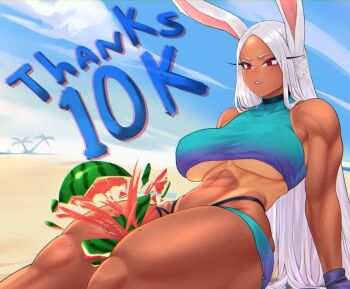1girl abs animal_ears artist_name bare_shoulders beach between_thighs bikini blue_bikini boku_no_hero_academia breasts choker commentary crushing dark-skinned_female dark_skin english_commentary english_text food fruit gabriel_carrasquillo gloves highres large_breasts long_eyelashes long_hair looking_at_object milestone_celebration mirko muscular muscular_female navel outdoors palm_tree parted_bangs parted_lips purple_gloves rabbit_ears rabbit_girl red_eyes sitting skindentation sky solo suikawari swimsuit tan tankini tanline thank_you thick_thighs thighs toned tree underboob very_long_hair watermelon watermelon_between_thighs white_hair