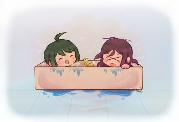 >_< 2girls ahoge antenna_hair bath bathing bathtub blush brown_hair bubble_bath chibi chibi_only closed_eyes commentary danganronpa_(series) danganronpa_another_episode:_ultra_despair_girls english_commentary fukawa_toko glasses green_hair highres in_bathtub long_hair multiple_girls naegi_komaru open_mouth round_eyewear rubber_duck same-sex_bathing shared_bathing short_hair smile soap_bubbles tile_floor tiles unworn_eyewear water wavy_mouth white_background yuri-usagi