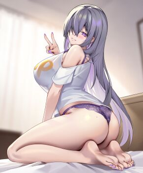 1girl absurdres ass bare_legs barefoot blurry blush bra bra_strap bra_visible_through_clothes breasts clothes_writing commentary crossed_bangs curtains dc_(doughertyevans) feet from_side hair_over_one_eye hand_up highres lace lace-trimmed_panties lace_trim large_breasts long_hair looking_at_viewer milestone_celebration mole mole_on_ass nail_polish off-shoulder_shirt off_shoulder original panties parted_lips purple_bra purple_eyes purple_hair purple_nails purple_panties see-through_silhouette seiza shirt single_bare_shoulder sitting smile soles solo thighs toenail_polish toenails toes underwear very_long_hair white_shirt window