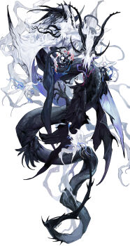absurdres beak black_fur black_horns black_scales creature deepsea9013 eldritch_abomination extra_arms feathers full_body highres horns long_tail monster monster_focus multiple_horns no_humans original simple_background spines tail talons tendril tentacles white_background white_feathers white_fur white_wings wings