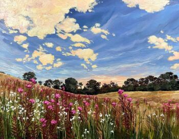 blue_sky cloud commentary day english_commentary field flower flower_field grass highres kate_avery no_humans oil_painting_(medium) original outdoors painting_(medium) pink_flower scenery sky traditional_media tree