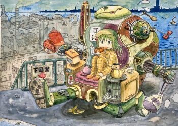 1girl backpack bag banana_peel bow braid chair city cup disposable_cup eating factory feet_on_chair food food_on_face green_eyes green_hair hair_brush hat highres hot_dog kettle knees_up legs_together machine nightcap orange_socks original outdoors pafica pajamas randoseru robot school_bag short_hair skyline smokestack_hair_ornament socks solo teacup television teruterubouzu umbrella unworn_bow walking watching_television yellow_pajamas