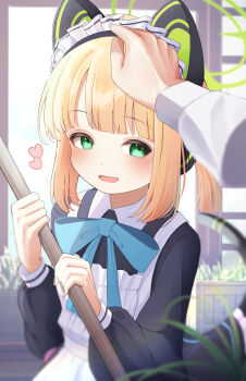 1girl 1other absurdres animal_ear_headphones animal_ears apron black_dress blonde_hair blue_archive blue_bow blue_bowtie blurry blurry_foreground blush borrowed_clothes bow bowtie broom cat_ear_headphones cat_ears cat_tail collared_dress commentary_request contrast_collar depth_of_field disembodied_hand dress fake_animal_ears fake_tail frilled_apron frilled_dress frills green_bow green_eyes green_halo hair_bow halo hand_on_another's_head headpat headphones heart highres holding holding_broom long_sleeves looking_at_viewer maid maid_apron maid_headdress midori_(blue_archive) midori_(maid)_(blue_archive) official_alternate_costume official_alternate_hairstyle open_mouth parted_bangs pdnt ponytail puffy_long_sleeves puffy_sleeves short_hair short_ponytail sidelocks smile solo_focus tail tail_raised upper_body white_apron