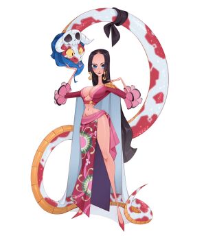 1girl black_hair blue_eyes bluelemondraws boa_hancock breasts cleavage commentary earrings epaulettes full_body highres jewelry kuja_pirates_jolly_roger long_hair midriff navel one_piece red_lips red_shoes salome_(one_piece) shoes side_slit sidelocks simple_background skirt skull smile snake snake_earrings solo white_background