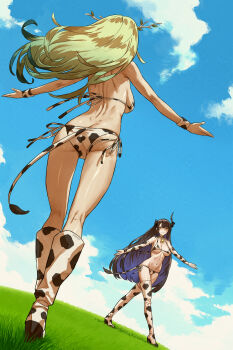 2girls animal_print ass asymmetrical_horns backboob bane_vs._pink_guy_(meme) bell bikini black_hair blue_sky boots breasts butt_crack ceres_fauna cloud colored_inner_hair cow_print cow_print_bikini cow_tail demon_horns grass green_hair haraya_manawari high_heel_boots high_heels highres hololive hololive_english horns jojo_reference large_breasts long_hair meme multicolored_hair multiple_girls navel neck_bell nerissa_ravencroft oh?_you&#039;re_approaching_me?_(meme) print_bikini purple_hair sky swimsuit tail thigh_boots virtual_youtuber