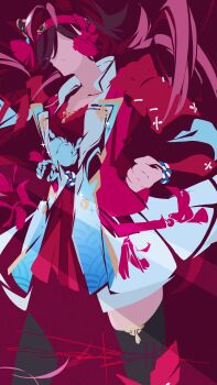1girl animal_ears black_boots boots clenched_hand collarbone commentary ear_ornament echoo headband highres horse_ears horse_girl jacket long_hair no_reason_(umamusume) red_background red_hair red_jacket skirt solo standing thigh_boots thighhighs umamusume white_skirt zettai_ryouiki