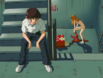 1boy 1girl ass barefoot bra dressing highres ikari_shinji neon_genesis_evangelion nude orange_hair school_uniform shirt sinteek sitting souryuu_asuka_langley tokyo-3_middle_school_uniform underwear white_shirt