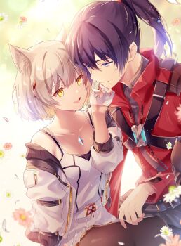 1boy 1girl animal_ear_fluff animal_ears black_hair blue_eyes camisole cat_ears chest_jewel closed_mouth commentary_request couple grey_hair hand_on_another's_chin highres jacket long_hair looking_at_viewer mio_(xenoblade) noah_(xenoblade) open_mouth pantyhose ponytail red_jacket short_hair skirt smile ui_frara white_camisole white_jacket white_skirt xenoblade_chronicles_(series) xenoblade_chronicles_3 yellow_eyes