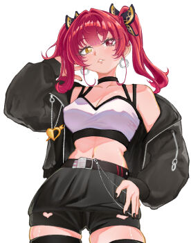 1girl alternate_costume black_choker black_jacket black_nails black_shorts black_thighhighs breasts choker commentary_request earrings hand_on_own_hip heterochromia highres hololive houshou_marine jacket jewelry large_breasts looking_at_viewer nail_polish red_eyes red_hair rorol_reime shirt shorts solo thighhighs twintails virtual_youtuber white_background white_shirt yellow_eyes zettai_ryouiki