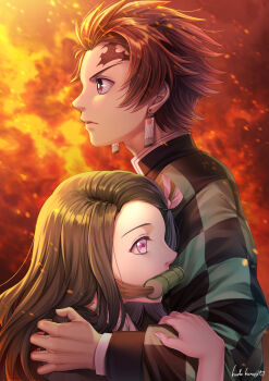 1boy 1girl artist_name bamboo bit_gag black_hair bright_pupils brother_and_sister brown_hair checkered_haori closed_mouth commentary_request earrings embers from_side gag hand_on_another&#039;s_shoulder haori highres japanese_clothes jewelry kamado_nezuko kamado_tanjirou kimetsu_no_yaiba kudo_kunugi long_hair long_sleeves pink_eyes profile purple_eyes scar scar_on_face scar_on_forehead short_hair siblings sidelighting white_pupils