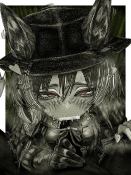 1boy 1girl absurdres animal_ear_fluff animal_ears arknights beanstalk_(arknights) blank_censor blush braid censored commentary_request ears_through_headwear fellatio gloves greyscale hair_between_eyes hetero highres hyena_ears hyena_girl hyena_tail id_card kyoeikyoei52906 long_hair long_sleeves monochrome oral orange_eyes penis pov saliva single_braid single_glove spot_color