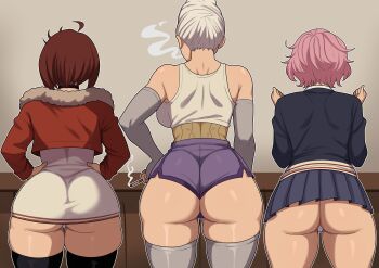 3girls absurdres age_difference ahoge alternate_ass_size ass ayase_momo ayase_seiko back bare_shoulders black_thighhighs breasts brown_hair choker cigarette curvy dandadan dolphin_shorts dress elbow_gloves freshnsfw from_behind fur_trim gloves grandmother_and_granddaughter hands_on_own_hips haramaki highres holding holding_cigarette huge_ass indoors jacket large_breasts long_hair long_sleeves mature_female micro_shorts multiple_girls outline panties pink_hair pink_panties pleated_skirt purple_shorts school_uniform shiratori_aira_(dandadan) short_hair short_shorts shorts skindentation skirt smoking standing thick_thighs thighhighs thighs underbutt underwear wedgie white_hair white_outline wide_hips