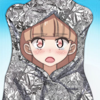 1girl amabuki_maria blue_background blush brown_hair crying double_bun foil gradient_background hair_bun long_hair looking_at_viewer open_mouth pink_eyes t_jiroo_(ringofriend) tears upper_body zombie_land_saga