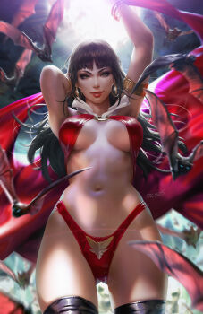 1girl armlet arms_up bangle bat_(animal) bikini black_hair blue_eyes bracelet breasts brown_eyes cape cowboy_shot dcwj earrings fang fangs female_focus glint gold groin highleg highleg_bikini highres hoop_earrings jewelry large_breasts long_hair looking_at_viewer navel o-ring o-ring_top parted_lips pretzel_bikini red_bikini red_cape sidelocks signature skindentation slingshot_swimsuit smile solo standing stomach swimsuit thighhighs vampire vampirella vampirella_(character) wings
