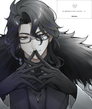 1boy arms_up black_fur black_gloves black_shirt blue_eyes closed_mouth commentary_request earrings fur_trim genshin_impact glasses gloves grey-framed_eyewear jacket jewelry male_focus pantalone_(genshin_impact) parted_hair piercing shirt signature single_earring smile solo upper_body v10chv5 white_background white_jacket
