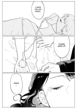 Rule 34 | 1boy, 1girl, alternate costume, alternate universe, bed, blunt bangs, casual, closed eyes, clutching blanket, contemporary, crying, english text, facing up, gauze on hand, genshin impact, greyscale, highres, hospital bed, hospital gown, indoors, intravenous drip, long sleeves, lying, mole, mole under eye, monochrome, mother and son, on back, on bed, oxygen mask, parted lips, raiden shogun, scaramouche (genshin impact), sick, sideways mouth, speech bubble, tears, unconscious, under covers, yaginori