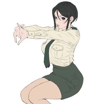 Rule 34 | 1girl, absurdres, black hair, breast pocket, breasts, brown pantyhose, buttons, chouno ami, collared shirt, girls und panzer, highres, interlocked fingers, invisible chair, japan ground self-defense force, japan self-defense force, large breasts, lips, looking at viewer, military, military dress uniform, military uniform, necktie, necktie overhang, onsen tamago (hs egg), outstretched arms, pantyhose, pencil skirt, pocket, shirt, short hair, sidelocks, sitting, skirt, solo, white background