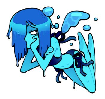 1girl alternate_costume alternate_hairstyle barefoot bikini blue_hair blue_skin closed_mouth colored_skin discount-supervillain elemental_wings gem_(steven_universe) lapis_lazuli_(steven_universe) liquid_wings medium_hair midriff simple_background solo steven_universe swimsuit water water_wings wet wet_hair