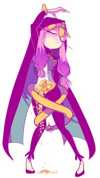 1girl 2018 aeon_(skullgirls) anklet arm_up arms_up black_shoes bracelet capri_pants chain closed_eyes closed_mouth commentary crack cracked_glass cracked_skin expressionless flats highres hood hourglass jewelry korean_commentary long_eyelashes low-tied_sidelocks low_twintails muted_color no_nipples pants pink_hair purple_background roman_numeral sand shoes shrug_(clothing) sidelocks simple_background skullgirls smile solo tiara tiptoes turtleneck twintails u_sihoo