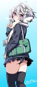 1girl absurdres ass bag blush breath commentary_request flower grey_hair hair_flower hair_ornament highres jacket kokkoro_(princess_connect!) looking_at_viewer looking_back miniskirt panties pantyshot pink_eyes princess_connect! scarf short_hair skirt smile solo striped_clothes striped_panties thighhighs umyonge_(lkakeu) underwear v