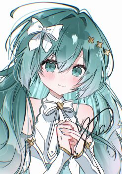 1girl absurdres alternate_costume aqua_eyes aqua_hair aqua_nails armpits bare_shoulders blush bow closed_mouth commentary dress fingernails hair_between_eyes hair_bow hair_ornament hatsune_miku highres hiramado_miku kowareta_sekai_to_utaenai_miku long_hair looking_at_viewer nail_polish own_hands_together project_sekai ria_art simple_background sleeveless sleeveless_dress smile spoilers vocaloid white_background white_bow x_hair_ornament