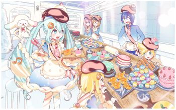 1other 2boys 4girls absurdres apron aqua_eyes aqua_hair bakery blonde_hair blue_bow blue_dress blue_eyes blue_hair blue_sleeves blue_thighhighs bow bowtie bread brown_hair brown_hat cake closed_eyes closed_mouth commentary_request dessert detached_sleeves double-parted_bangs dress dress_bow food food-themed_clothes food-themed_hat_ornament frilled_apron frills fur-trimmed_dress fur-trimmed_sleeves fur_trim hair_between_eyes hair_ornament hat hat_ornament hatsune_miku heart highres holding holding_tongs indoors kagamine_len kagamine_rin kaito_(vocaloid) long_hair long_sleeves macaron megurine_luka meiko_(vocaloid) multiple_boys multiple_girls necktie official_alternate_costume official_alternate_hairstyle open_mouth pantyhose pink_bow pink_bowtie pink_hair pink_necktie puffy_short_sleeves puffy_sleeves rabbit rabbit_yukine sanae_hayato shop short_sleeves siblings sleeve_bow snowflake_print strawberry_cake striped_clothes striped_pantyhose swiss_roll thighhighs tongs twins twintails two-tone_sleeves very_long_hair vocaloid wavy_hair white_apron white_bow white_pantyhose white_rabbit_(animal) white_sleeves yuki_miku yuki_miku_(2026)
