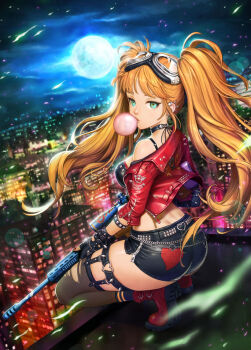 1girl ass bad_id bad_pixiv_id belly_chain blonde_hair blowing_bubble_gum blowing_bubbles boots bracelet bustier casasak chewing_gum city ear_piercing earrings female_focus fingerless_gloves full_moon gloves goggles goggles_on_head green_eyes gun heart highres jacket jewelry leather leather_pants lens_flare long_hair looking_at_viewer looking_back moon nail_polish night off_shoulder open_clothes open_jacket pants piercing red_jacket red_nails rifle rooftop scope short_shorts shorts sniper sniper_rifle solo spiked_bracelet spikes squatting thigh_strap thighhighs torn_clothes torn_thighhighs twintails very_long_hair weapon wind zipper
