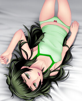 1girl bed_sheet blunt_bangs bow bow_panties breasts collar commentary_request covered_erect_nipples dress green_collar green_eyes green_hair green_panties green_tank_top highres hiyajou_maho jacket long_hair looking_at_viewer lower_teeth_only lying messy_hair on_back open_mouth panties red_bow science_adventure small_breasts solo steins;gate steins;gate_0 tank_top teeth tongue underwear very_long_hair yantaka