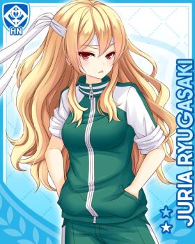 Rule 34 | 1girl, blonde hair, blue background, breasts, card (medium), character name, ear piercing, girlfriend (kari), green jacket, green pants, gym uniform, hands in pockets, headband, jacket, long hair, looking at viewer, official art, pants, piercing, qp:flapper, red eyes, ryugasaki juria, sleeves rolled up, solo, standing, track jacket, track suit, v-shaped eyebrows, white headband