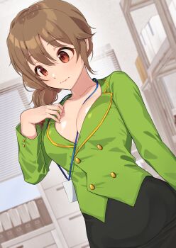 1girl black_skirt blush breasts brown_hair collarbone commentary_request green_jacket highres idolmaster idolmaster_cinderella_girls indoors jacket kamille_(vcx68) lanyard large_breasts no_shirt senkawa_chihiro skirt solo