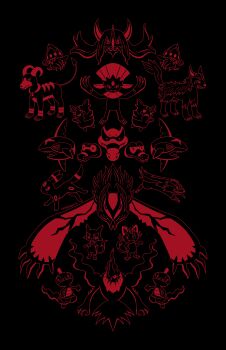 absurdres alolan_form alolan_meowth artist_name black_background commentary dark_type_theme_(pokemon) darkrai english_commentary galarian_form galarian_linoone gen_2_pokemon gen_3_pokemon gen_4_pokemon gen_5_pokemon gen_6_pokemon gen_7_pokemon gen_8_pokemon grimmsnarl highres houndoom inkay krokorok krookodile legendary_pokemon mightyena monochrome morpeko morpeko_(full) morpeko_(hangry) mythical_pokemon nintendo pokemon pokemon_(creature) pokemon_focus purrloin red_theme sandile sanglunaria scraggy sharpedo simple_background umbreon weavile yveltal