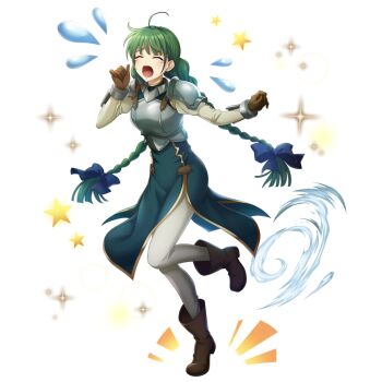 1girl ^_^ ahoge ankle_boots armor artist_request black_ribbon blush boots braid braided_ponytail breastplate breasts brown_boots brown_gloves closed_eyes crying dust_cloud eyelashes facing_viewer flying_teardrops full_body game_cg gloves green_hair green_tunic hair_ribbon hands_up high_heel_boots high_heels leg_up light_particles long_hair long_sleeves looking_at_viewer low_twin_braids multiple_braids notice_lines official_art open_mouth pants pauldrons raised_eyebrows ribbon rishia_ivyred running shirt shoulder_armor side_slit simple_background sleeveless_tunic small_breasts solo sparkle star_(symbol) tate_no_yuusha_no_nariagari tate_no_yuusha_no_nariagari_rerise tearing_up tongue transparent_background tunic turtleneck_tunic twin_braids white_pants white_shirt