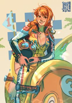 1girl biker_clothes breasts cleavage commentary helmet highres holding holding_unworn_helmet jacket_mine long_hair looking_at_viewer nami_(one_piece) one_piece orange_hair sitting solo unworn_headwear unworn_helmet