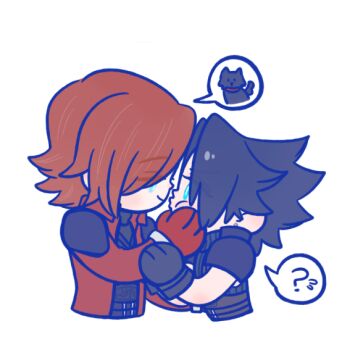 Rule 34 | 105zz, 2boys, ?, aqua eyes, armor, belt, black hair, brown belt, brown gloves, brown hair, chest strap, chibi, chibi only, coat, commentary request, crisis core: final fantasy vii, cropped torso, earrings, final fantasy, final fantasy vii, genesis rhapsodos, gloves, hand on another's face, jewelry, looking at another, medium hair, multiple belts, multiple boys, parted bangs, pauldrons, red coat, red gloves, short hair, shoulder armor, single earring, sleeveless, sleeveless turtleneck, spoken animal, spoken question mark, spoken sweatdrop, squeezing cheeks, suspenders, sweatdrop, turtleneck, upper body, white background, zack fair