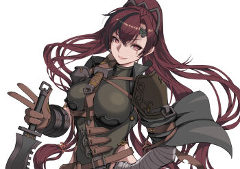 1girl bandaged_arm bandaged_hand bandages belt belt_pouch between_breasts black_hair breasts brown_belt brown_gloves closed_mouth commentary_request cowboy_shot detached_sleeves gloves granblue_fantasy green_leotard hair_between_eyes hair_ornament hand_on_own_hip headgear highres holding holding_knife knife large_breasts leotard long_hair looking_at_viewer meg_(granblue_fantasy) multicolored_hair ponytail pouch red_eyes red_hair scar scar_across_eye scar_on_face sheath sheathed shimashima_(simasima_23) shoulder_pads sidelocks simple_background single_detached_sleeve smile solo standing strap_between_breasts two-tone_hair v very_long_hair weapon_in_garters white_background