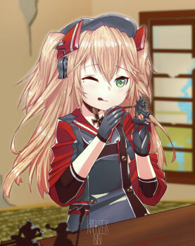 admiral_hipper_(azur_lane) artist_name azur_lane blonde_hair blurry blurry_background buttons choker commentary commission concentrating crack cracked_wall cross double-breasted english_commentary green_eyes hair_between_eyes headgear highres indoors iron_cross kreuzer_00 licking_lips long_hair miniature mole mole_under_eye necron one_eye_closed paintbrush painting_(action) poverty shouji sitting sliding_doors table tongue tongue_out upper_body visor_cap warhammer_40k