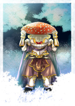 1boy akakasa_beniten armor beniten_(pixiv_fantasia_last_saga) cape commentary_request facing_viewer full_body gauntlets hands_up knight mushroom_boy pixiv_fantasia pixiv_fantasia_last_saga sheath sheathed standing sword weapon