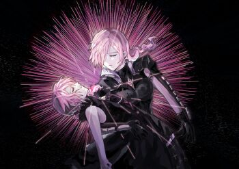 2girls bare_shoulders black_dress black_gloves black_thighhighs closed_eyes commentary dress english_commentary final_fantasy final_fantasy_xiii floating_hair gloves highres lifting_person lightning_farron lightning_returns:_final_fantasy_xiii lumina medium_hair multiple_girls parted_lips pink_hair ry_mangdung scene_reference shoujo_kakumei_utena thighhighs