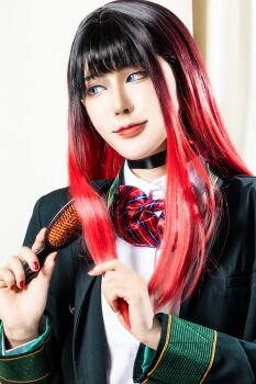 034_cos 1boy 2025 absurdres androgynous black_choker black_hair black_skirt blue_eyes blunt_bangs boots bow bowtie brushing_hair building choker closed_mouth coat commentary cosplay cosplay_photo green_coat hair_brush high_heel_boots high_heels highres indoors japanese_(nationality) light_smile long_coat long_sleeves looking_at_viewer male_focus multicolored_hair photo_(medium) plated_skirt purple_bow purple_bowtie real_life red_hair red_lips red_nails school_uniform shadow shirt sideways_glance skirt skyscraper solo standing streaked_hair trap tsubakino_tasuku tsubakino_tasuku_(cosplay) upper_body white_shirt wind_breaker_(nii_satoru)