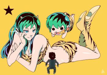 Rule 34 | 1girl, 2boys, animal print, bikini, black hair, blue eyes, boots, breasts, breath weapon, breathing fire, cleavage, commentary request, cone horns, electricity, empty eyes, fangs, fire, full body, giant, giantess, green hair, grey jacket, grey pants, horns, jacket, knee boots, long hair, looking at another, lum, lying, moroboshi ataru, multiple boys, on stomach, open mouth, pants, pointy ears, print bikini, print boots, shoe soles, short hair, sidelocks, signature, smile, star (symbol), swimsuit, tantora, ten (urusei yatsura), the pose, tiger print, urusei yatsura, yellow background