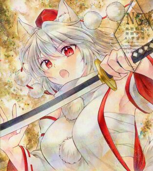 1girl alto2019 animal_ear_fluff animal_ears brown_eyes chest_sarashi commentary detached_sleeves grey_hair hat highres holding holding_sword holding_weapon inubashiri_momiji looking_at_viewer marker_(medium) open_mouth pom_pom_(clothes) red_eyes red_hat ribbon-trimmed_sleeves ribbon_trim sarashi solo sword tail tokin_hat touhou traditional_media watermark watermark_grid weapon wolf_ears wolf_girl wolf_tail