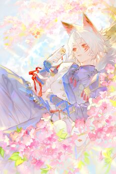 1boy absurdres animal_ears bell blue_sky cherry_blossoms closed_mouth cloud eyelashes eyeshadow facial_mark fingernails flower highres jewelry leaf long_sleeves looking_at_object lying makeup male_focus molin nail_polish necklace orange_eyes original outdoors parted_bangs pink_flower sidelocks sky solo sunlight tassel